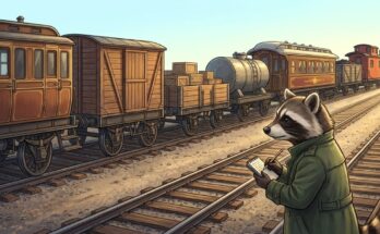 Textformate Slam: der Waschbär steht in einem Bahnhof vor sieben ganz unterschiedlichen Waggontypen auf parallelen Gleisen