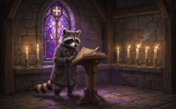 Die 7 Todsünden des Slam-Texts: der Waschbär steht mit Manuskript am Pult vor sieben Kerzen im violett-goldenen Licht des Kirchenfensters
