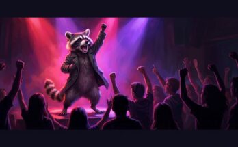 U20 Poetry Slam auf der Bühne: der Waschbär vor einem jungen Publikum