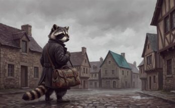 Über Heimat schreiben beginnt am Ortsausgang: der Waschbär steht mit Tasche da und schaut zurück auf die Häuser
