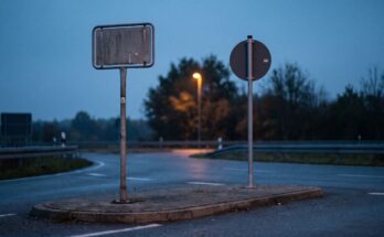Zwei unterschiedlich alte Haltestellenmasten mit leeren Schildern stehen wenige Meter voneinander auf demselben Bahnsteig