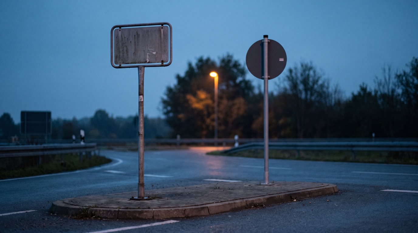 Zwei unterschiedlich alte Haltestellenmasten mit leeren Schildern stehen wenige Meter voneinander auf demselben Bahnsteig