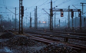 Ein dicht belegtes Gleisfeld mit vielen parallelen Gleisen, Oberleitungsmasten und Signalbrücken in der Dämmerung