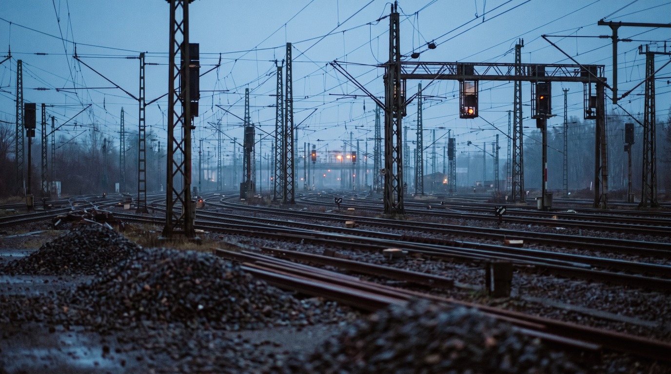 Ein dicht belegtes Gleisfeld mit vielen parallelen Gleisen, Oberleitungsmasten und Signalbrücken in der Dämmerung