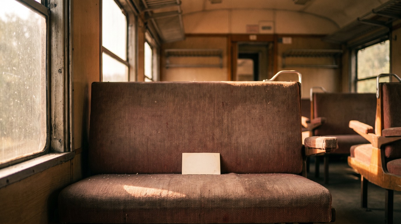 Ein einzelner leerer Papierfahrschein liegt auf einem leeren Zugsitz im Nachmittagslicht