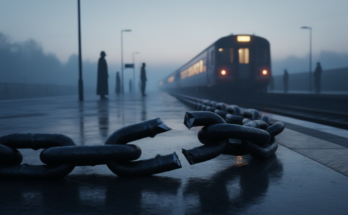 Eine schwere Stahlkette am Rand eines leeren Bahnsteigs im Morgengrauen, ein Kettenglied aufgebrochen, im Nebel ein wartender Regionalzug.
