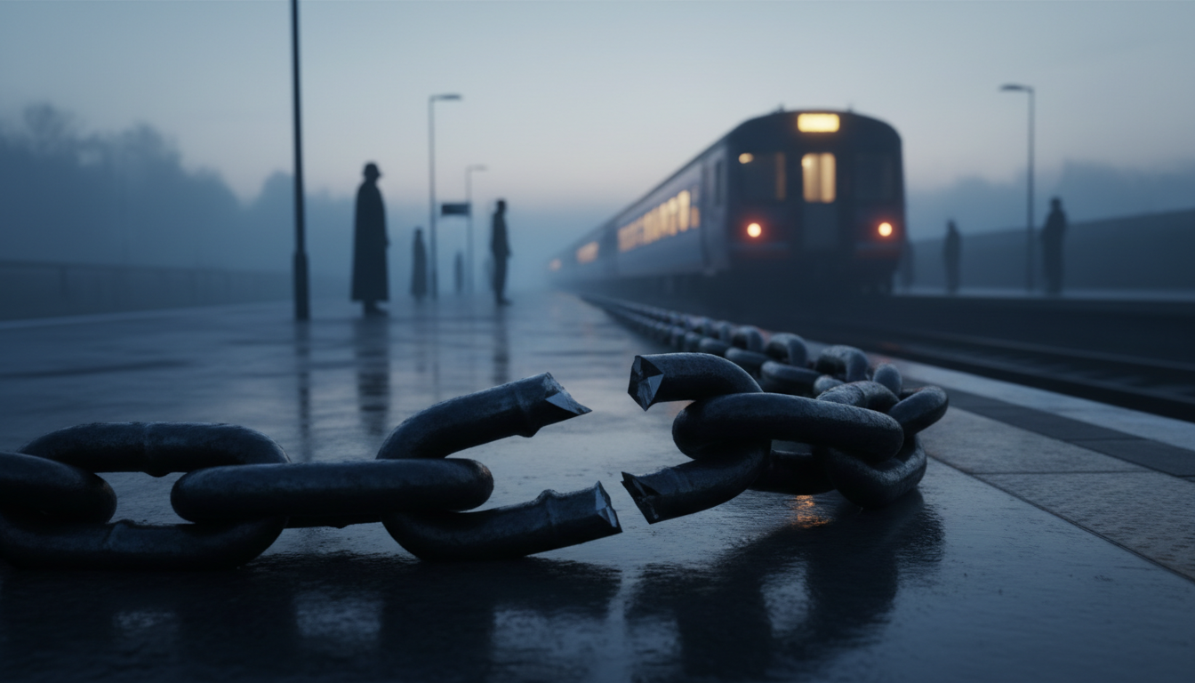 Eine schwere Stahlkette am Rand eines leeren Bahnsteigs im Morgengrauen, ein Glied aufgebrochen, im Nebel ein wartender Regionalzug