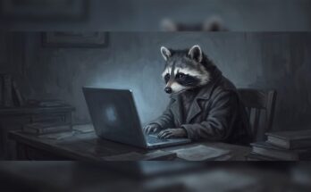 Veranstalter anschreiben am Abend: der Waschbär schreibt konzentriert am Laptop