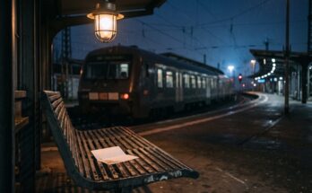 Ein leeres Formular liegt nachts auf einer Bahnsteigbank unter einer Lampe, dahinter ein dunkler Zug
