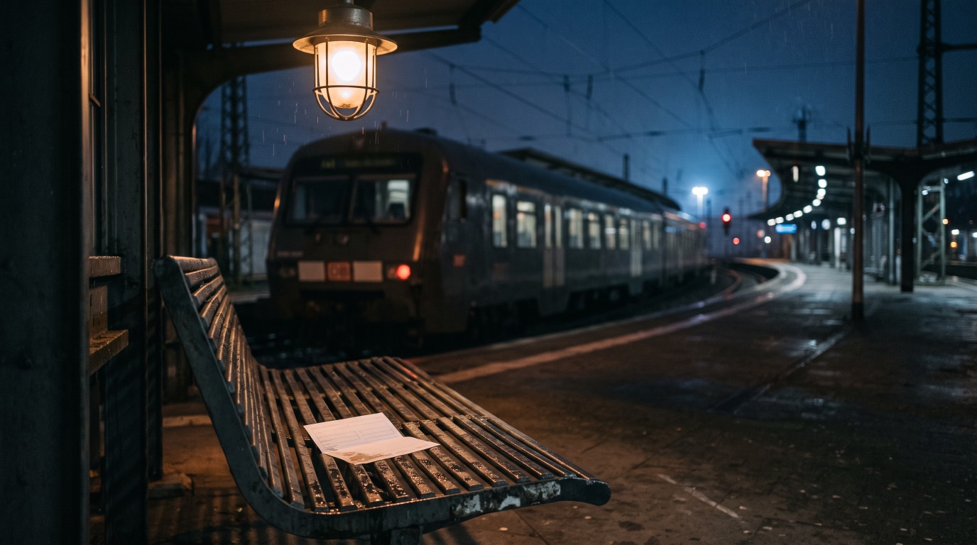 Ein leeres Formular liegt nachts auf einer Bahnsteigbank unter einer Lampe, dahinter ein dunkler Zug