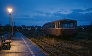 Ein kurzer Triebwagen steht abgestellt und dunkel auf einem Nebengleis neben einem beleuchteten Bahnsteig
