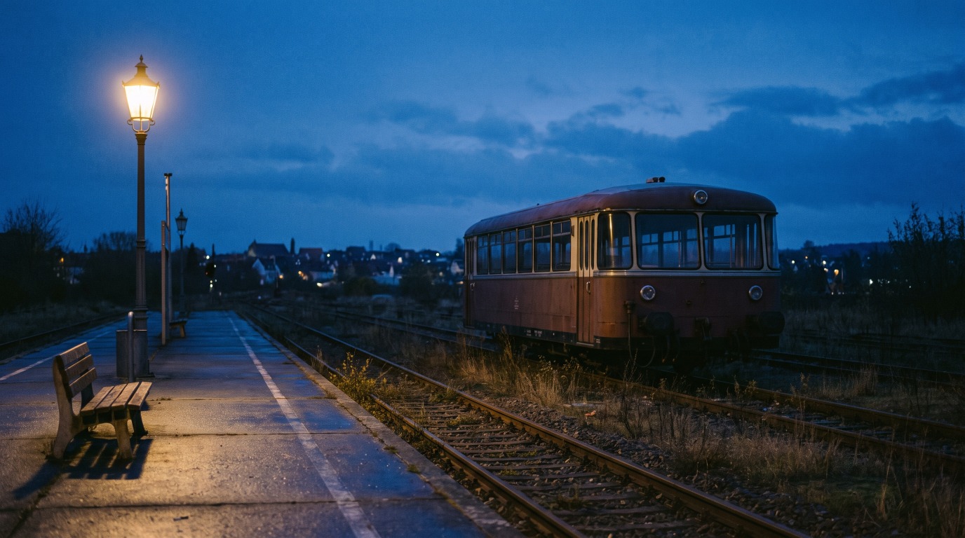Ein kurzer Triebwagen steht abgestellt und dunkel auf einem Nebengleis neben einem beleuchteten Bahnsteig