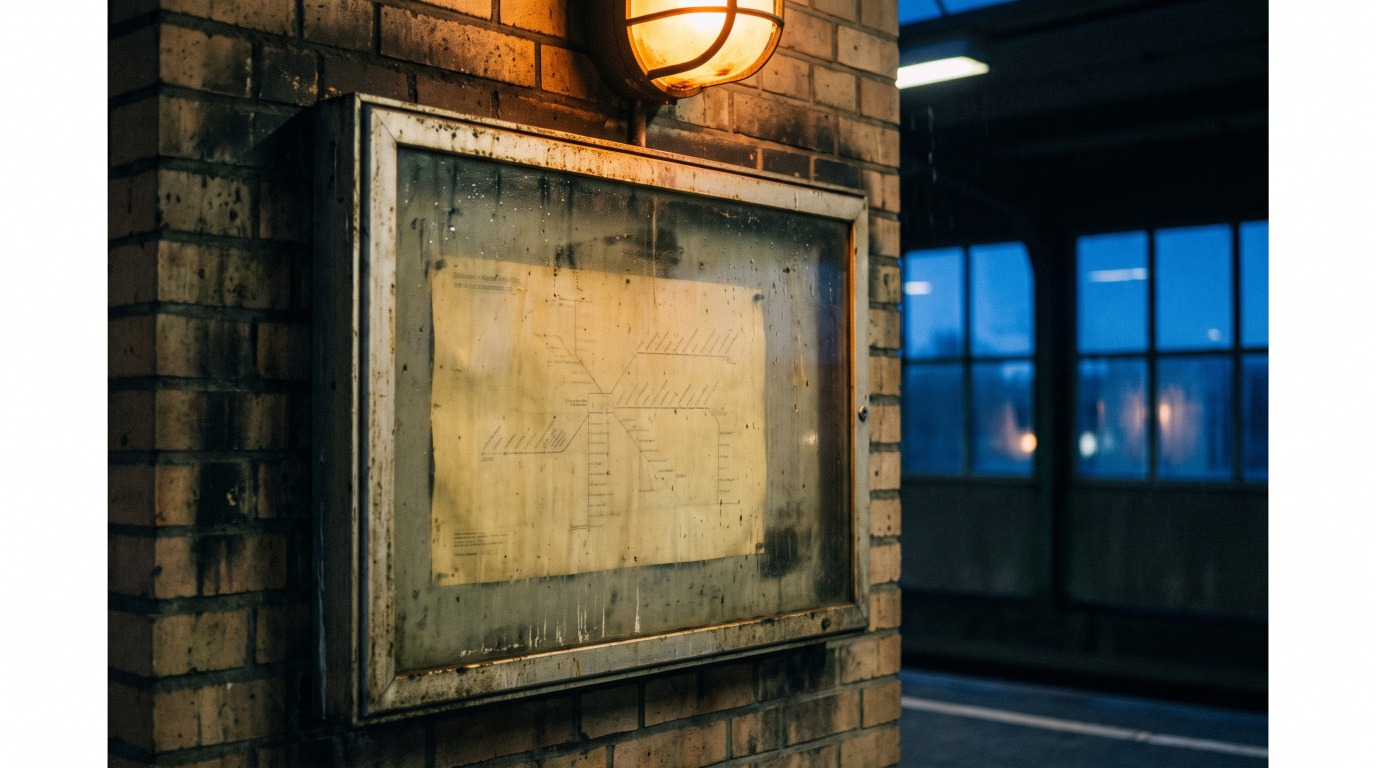 Eine zerkratzte Glastafel an der Bahnsteigwand mit einem verblassten Schema der Wagenreihung