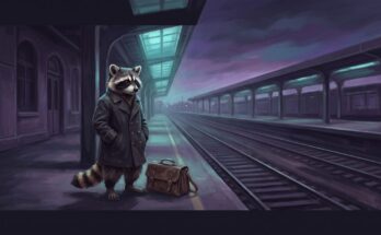 Die Warten-Metapher beginnt am Bahnsteig: der Waschbär steht allein und schaut das leere Gleis entlang