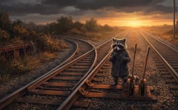 Warum Slammer scheitern: der Waschbär steht in der Dämmerung an einer Gleisverzweigung mit drei alten Weichenhebeln, zwei Gleise führen aufs rostige Abstellgleis