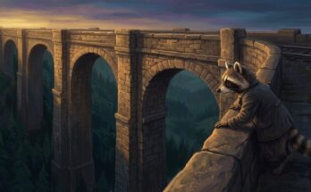 Wertung verlieren: der Waschbär steht am Geländer eines hohen Steinviadukts und schaut in der Abenddämmerung ins tiefe Tal hinunter