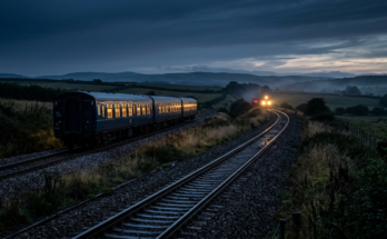 Eingleisige Bahnstrecke am Abend, ein Zug wartet in einem Ausweichgleis, in der Ferne die Lichter des Gegenzugs