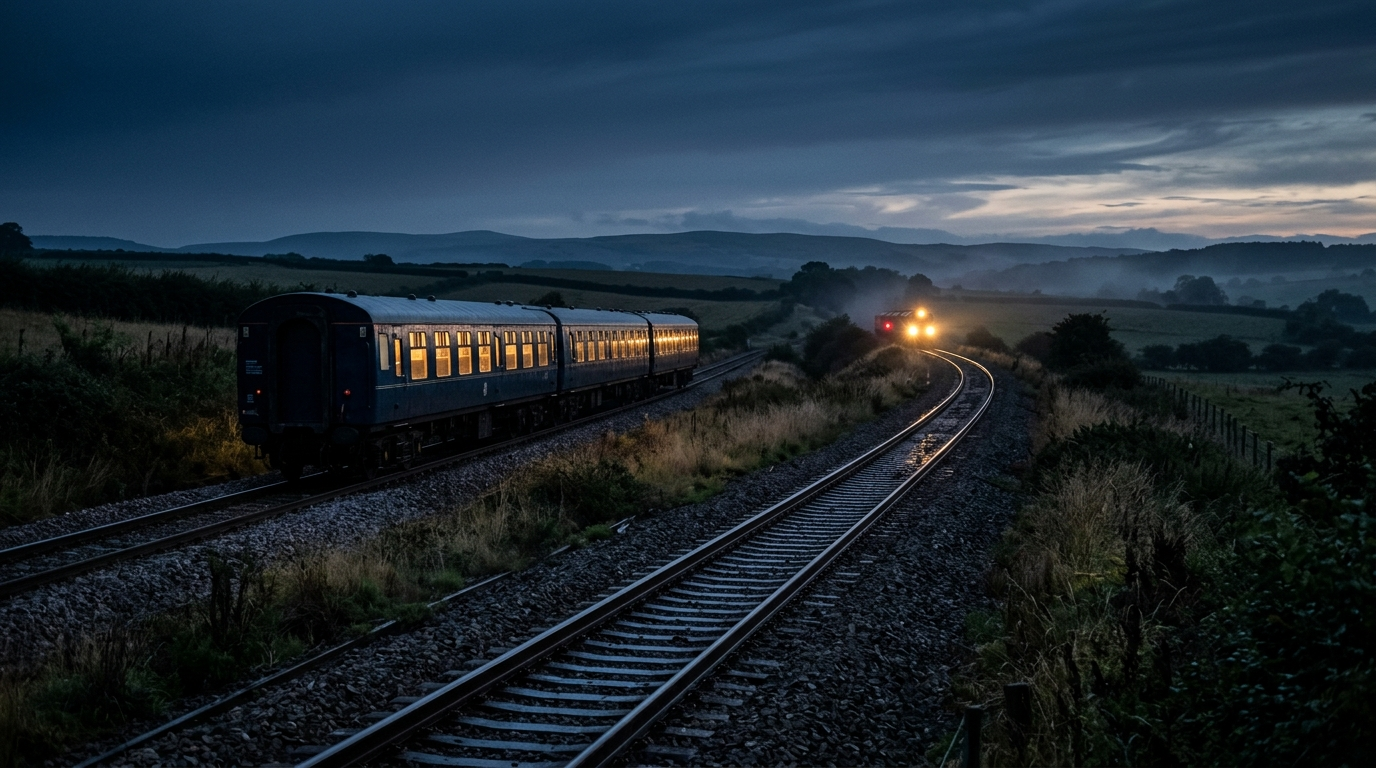 Eingleisige Bahnstrecke am Abend, ein Zug wartet in einem Ausweichgleis, in der Ferne die Lichter des Gegenzugs