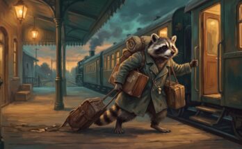 Waschbär steht mit einem übervollen Koffer auf dem Bahnsteig und lässt einzelne Gegenstände zurück – Bild zu Ballast im Text