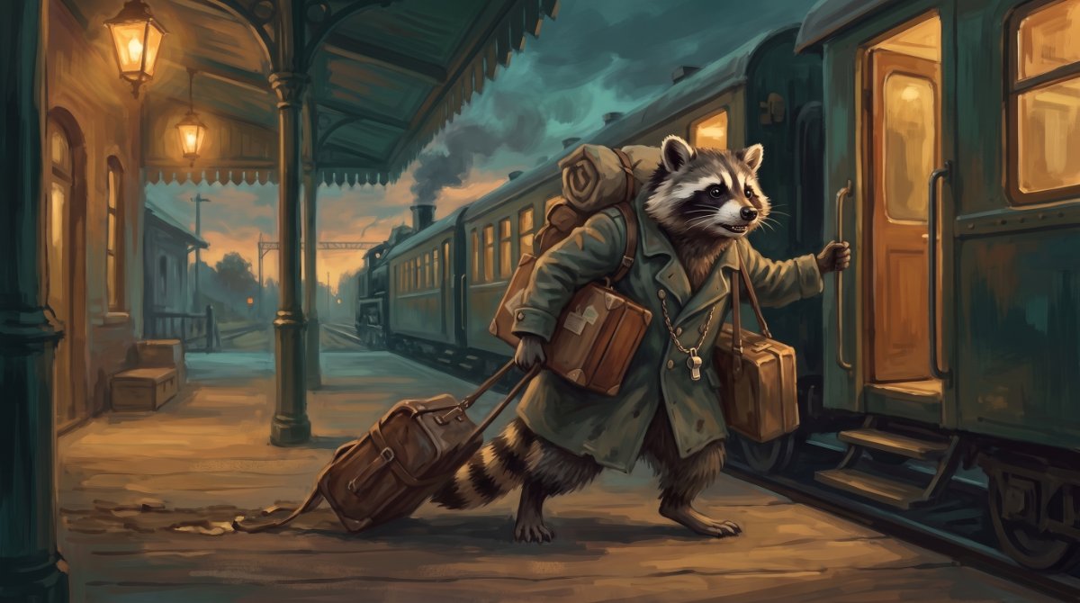 Waschbär steht mit einem übervollen Koffer auf dem Bahnsteig und lässt einzelne Gegenstände zurück