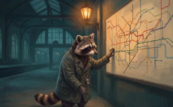 Waschbär steht nachts vor einem großen Streckenplan an der Wand einer Bahnhofshalle – Bild zu Orte als Material