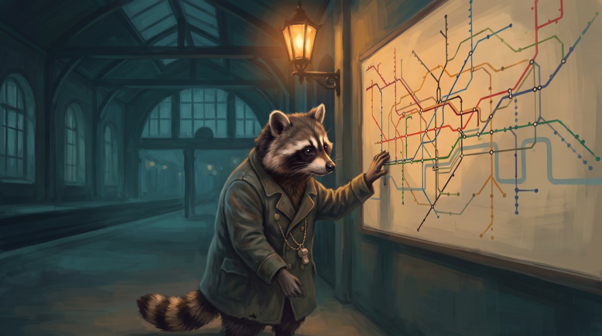 Waschbär steht nachts vor einem großen Streckenplan an der Wand einer Bahnhofshalle