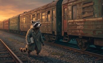 Waschbär mit Klemmbrett geht an einer Reihe abgestellter alter Eisenbahnwagen entlang – Bild zu Notizen auswerten