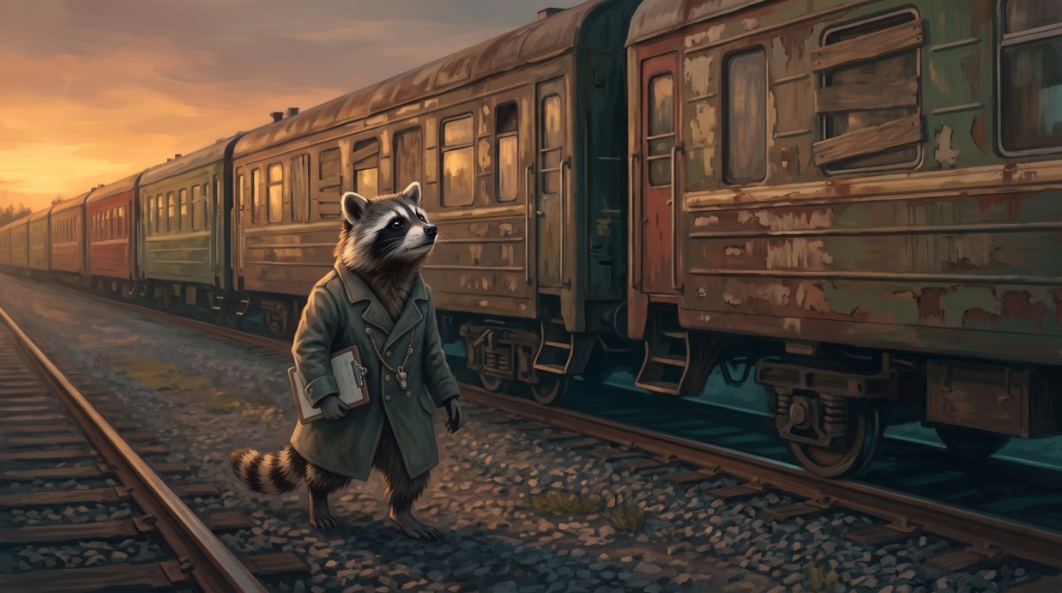 Waschbär mit Klemmbrett geht an einer Reihe abgestellter alter Eisenbahnwagen entlang