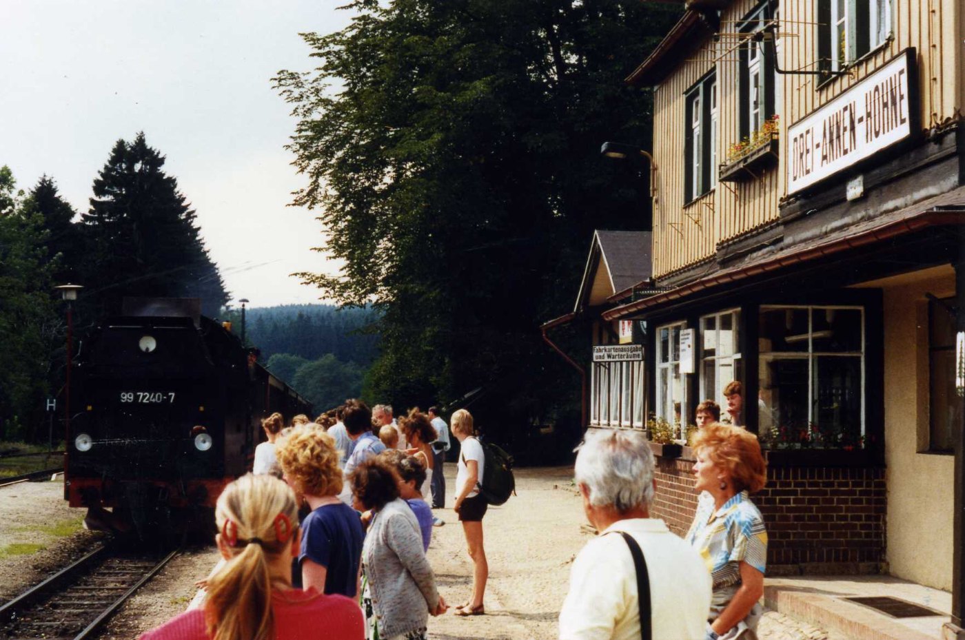 Passengers at Drei Annen Hohne Bahnhof,Harz, DDR. August 1988