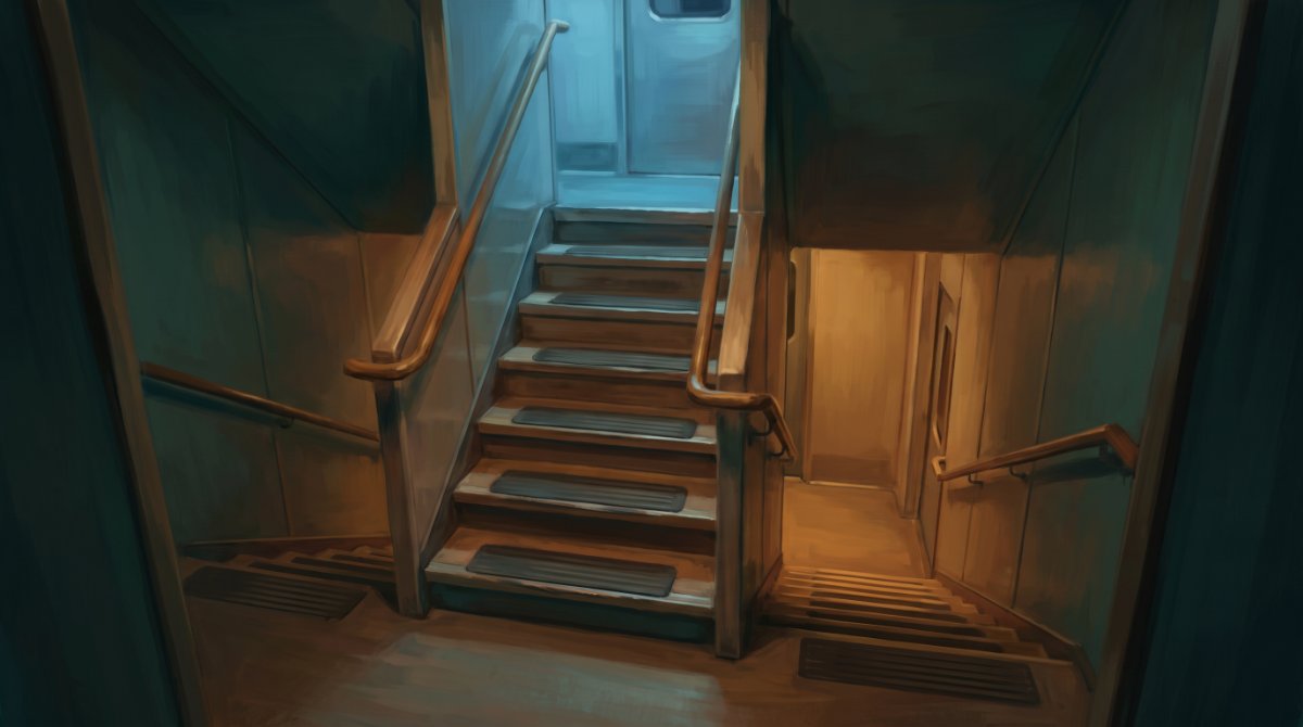 Treppe in einem Doppelstockwagen zwischen zwei Ebenen
