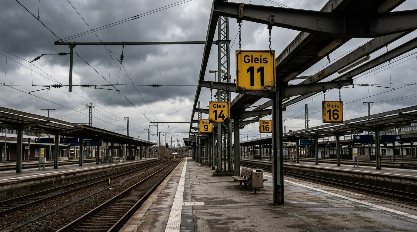 Bahnsteig mit unübersichtlichen Gleisnummern-Schildern