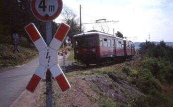 Oberweißbacher Bergbahn. Electric train at Lichtenhain, Aug 1991
