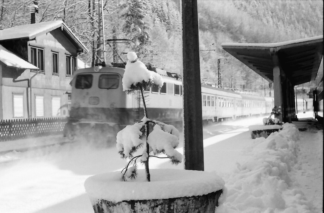 Hirschsprung verschneiter Bahnsteig mit Tanne; mit durchfahrendem Zug LA