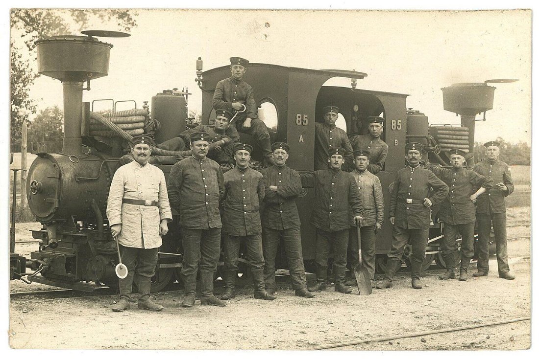 Eisenbahn Pioniere mit Feldbahn Lokomotive, Rehagen, Poststempel 16. Okt