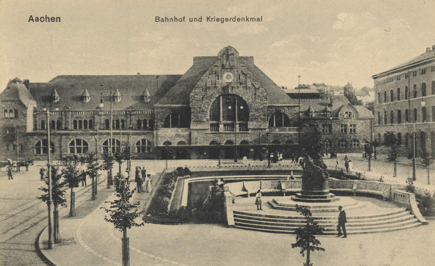 Aachen, Nordrhein Westfalen Bahnhof und Kriegerdenkmal (Zeno Ansichtskar
