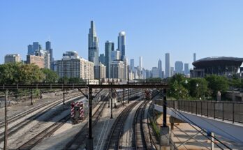 View of the Metra Electric District rail yard and downtown Chicago from