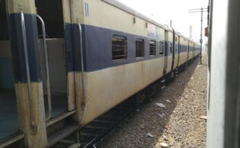 Local train standing outside Ghaziabad Junction railway station