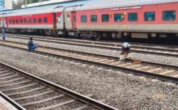 Workers manually levelling gravel (Ballast) in the railway track, Tamil