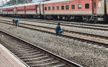 Workers manually levelling gravel (Ballast) in the railway track, Tamil