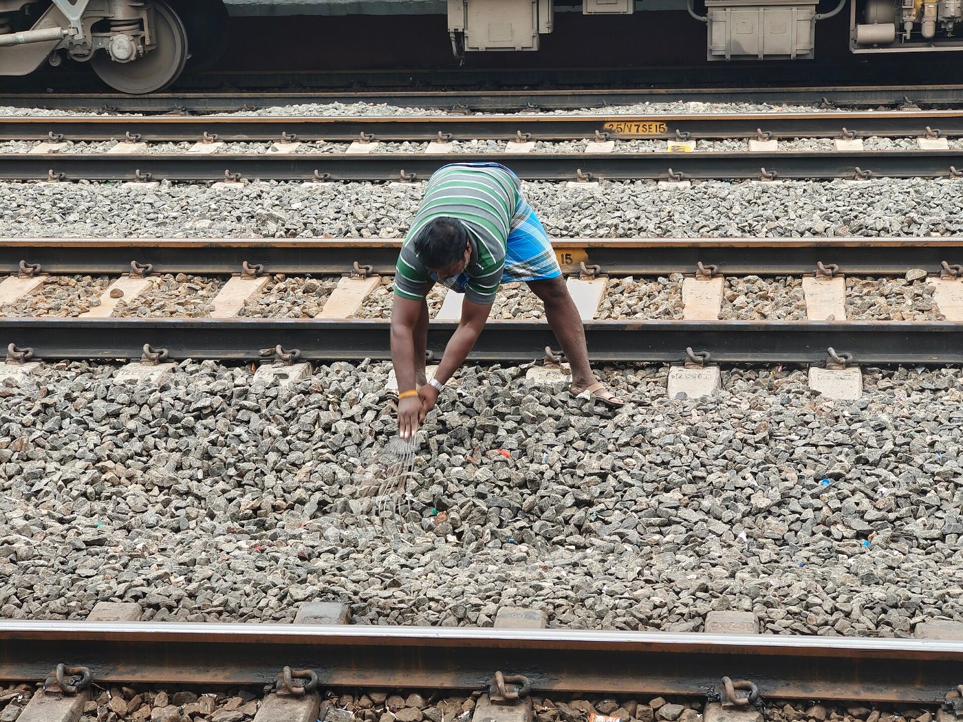 Workers manually levelling gravel (Ballast) in the railway track, Tamil 
