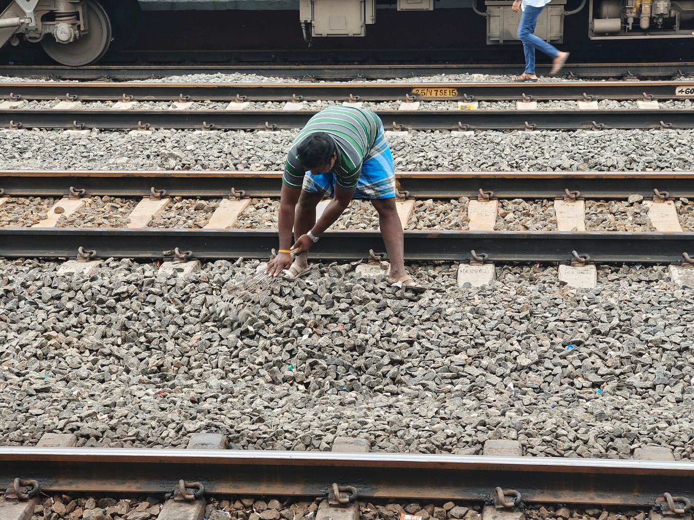 Workers manually levelling gravel (Ballast) in the railway track, Tamil 