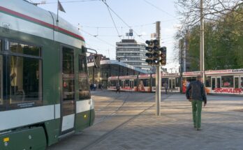 Tram in Augsburg waiting at traffic light