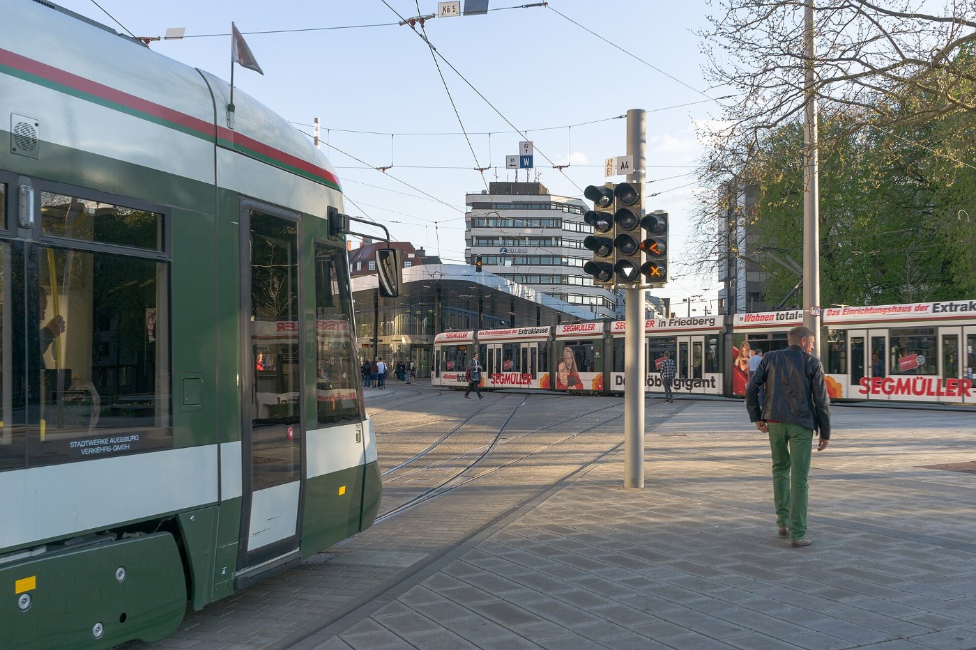 Tram in Augsburg waiting at traffic light
