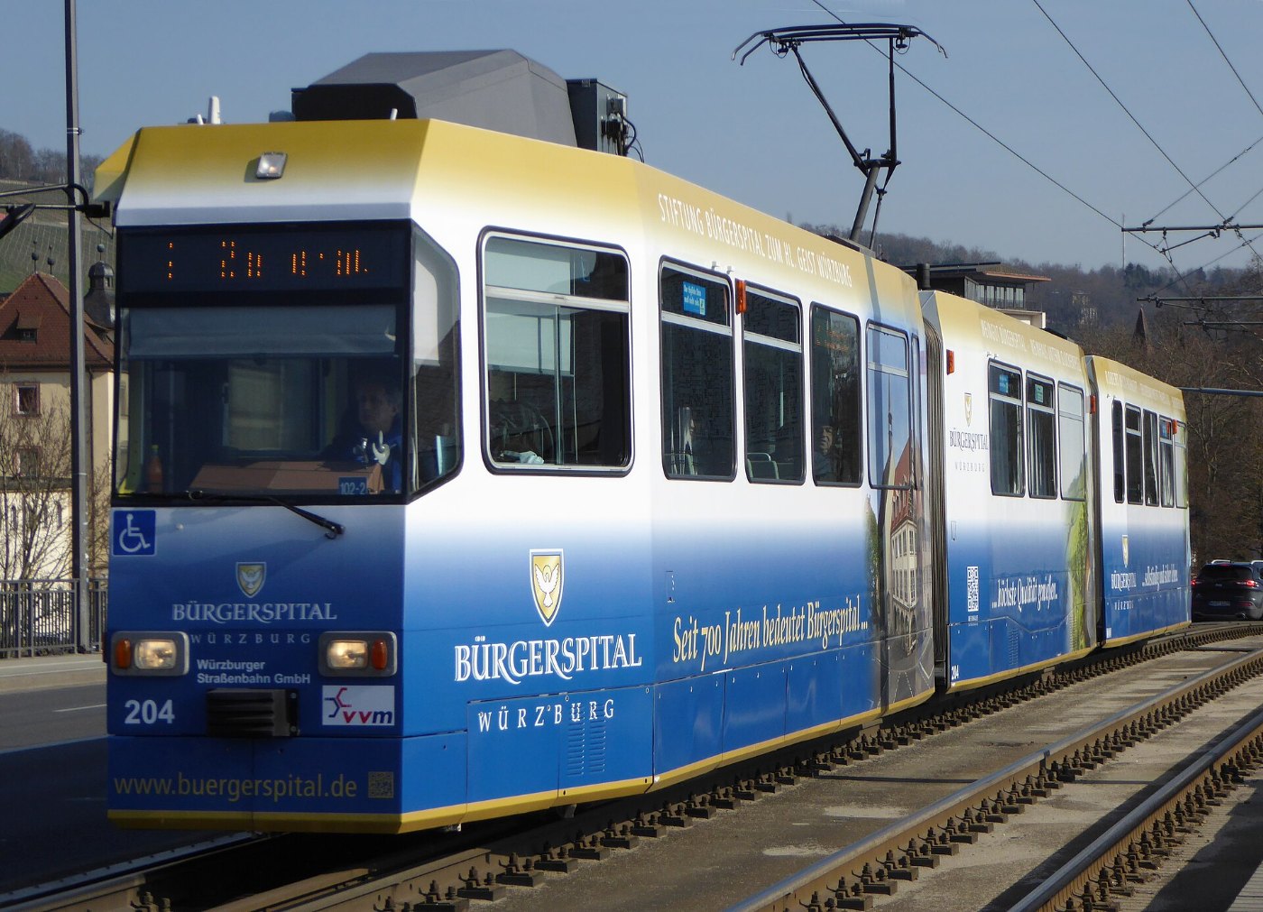 Würzburg, GT E Straßenbahn auf der Friedensbrücke, 1