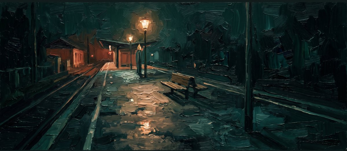 Lampenfieber Poetry Slam: leerer Bahnsteig bei Nacht, eine Lampe, keine Menschen