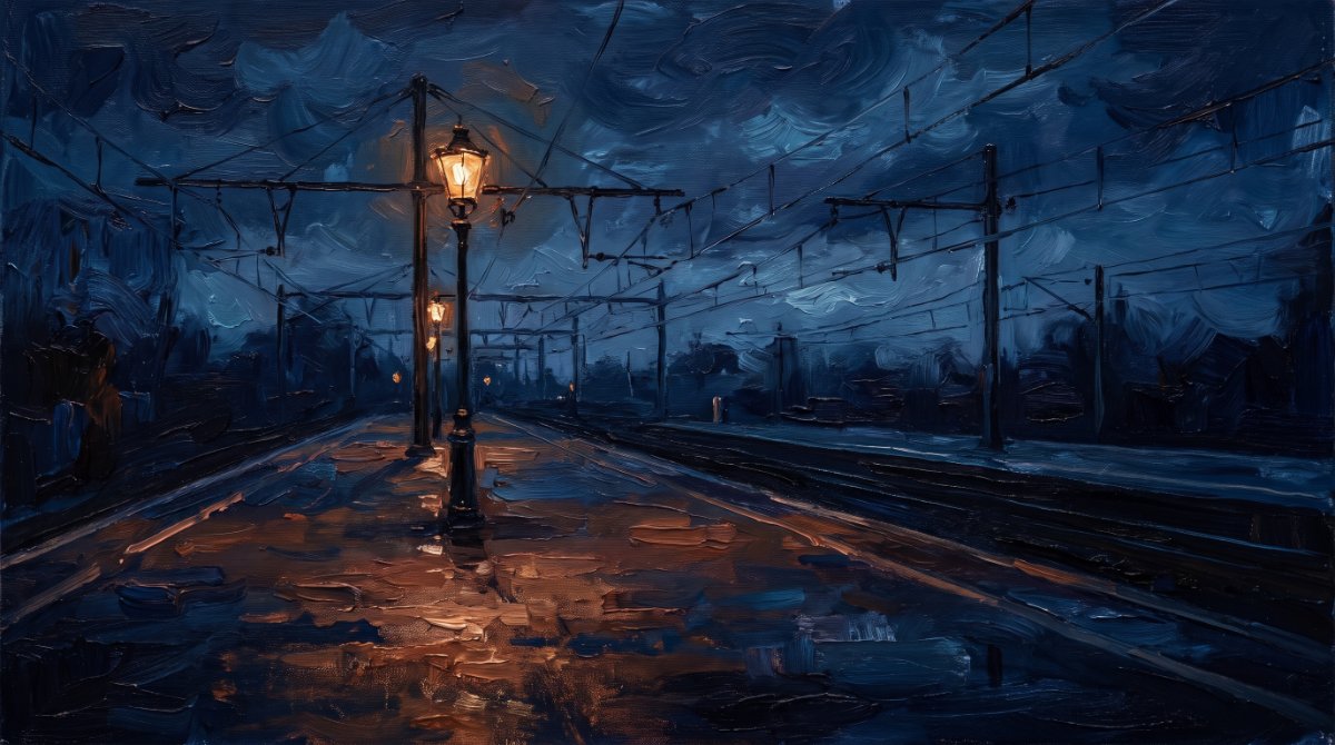 Lebendig schreiben: leerer Bahnsteig bei Nacht mit Oberleitung, eine Lampe spiegelt sich