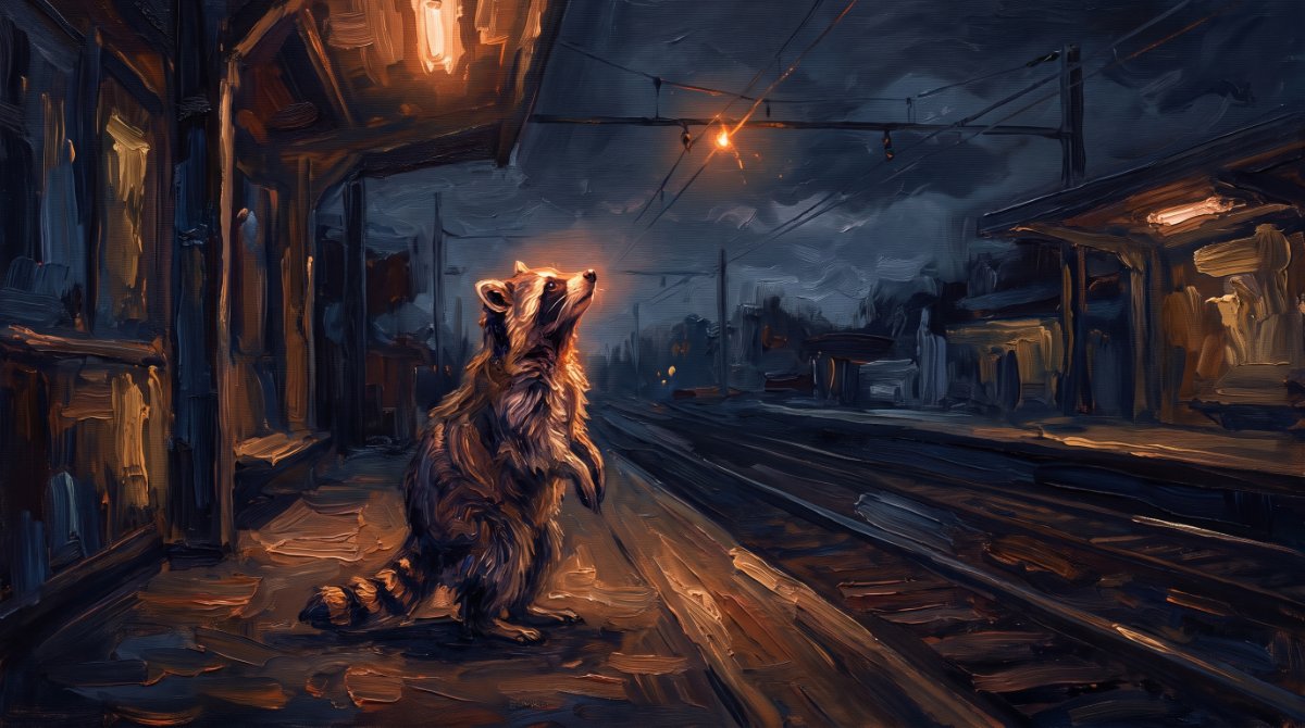 Lebendig schreiben: Genosse Waschbär auf leerem Nachtbahnsteig blickt zur Oberleitung mit einem Funken