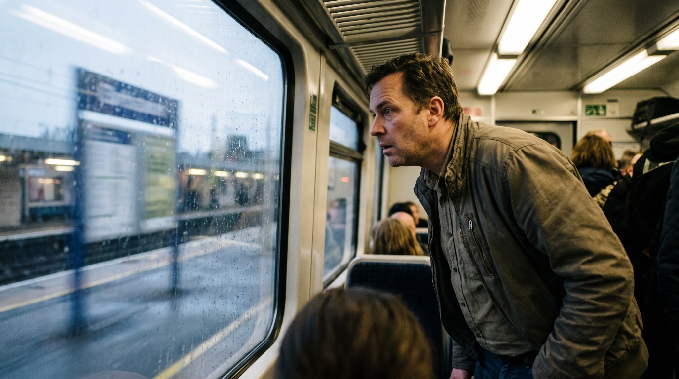 Fahrgast im fahrenden Zug erkennt den vorbeiziehenden Bahnhofsnamen