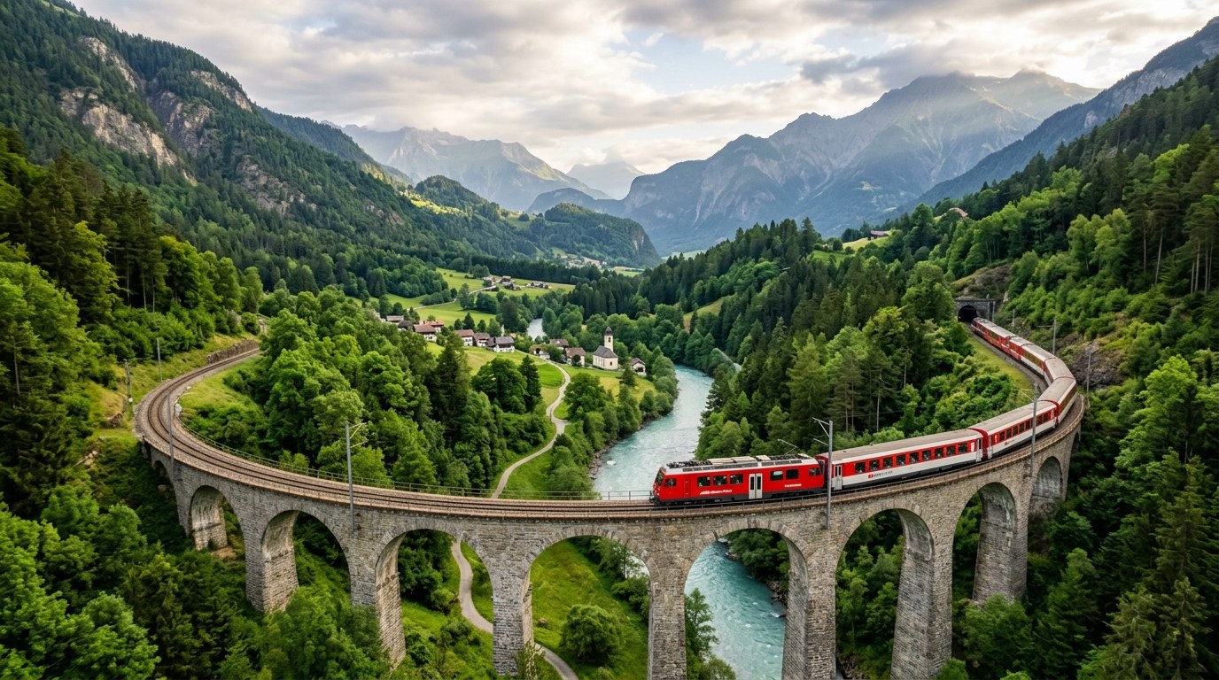 Roter Zug auf einem Viadukt durch ein grünes Bergtal