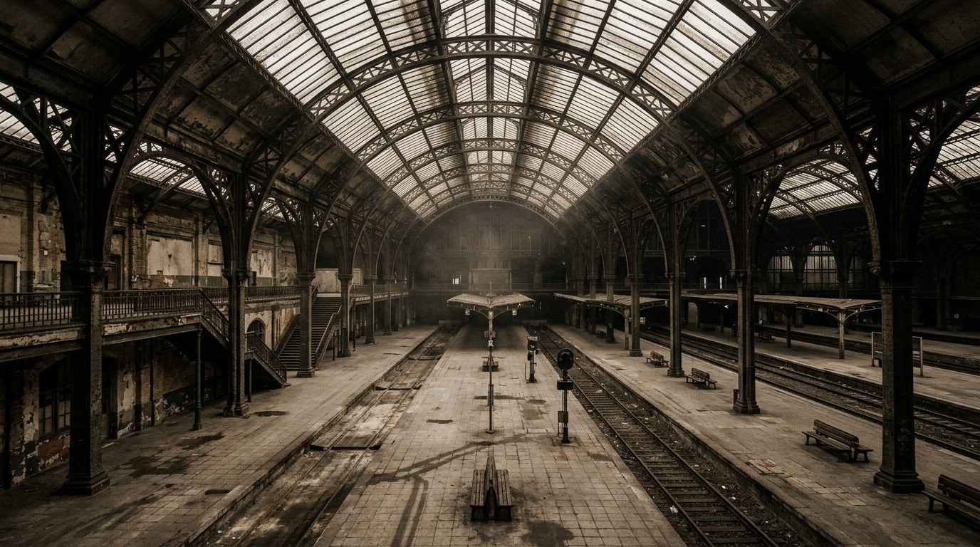 Leere, verfallene alte Bahnhofshalle